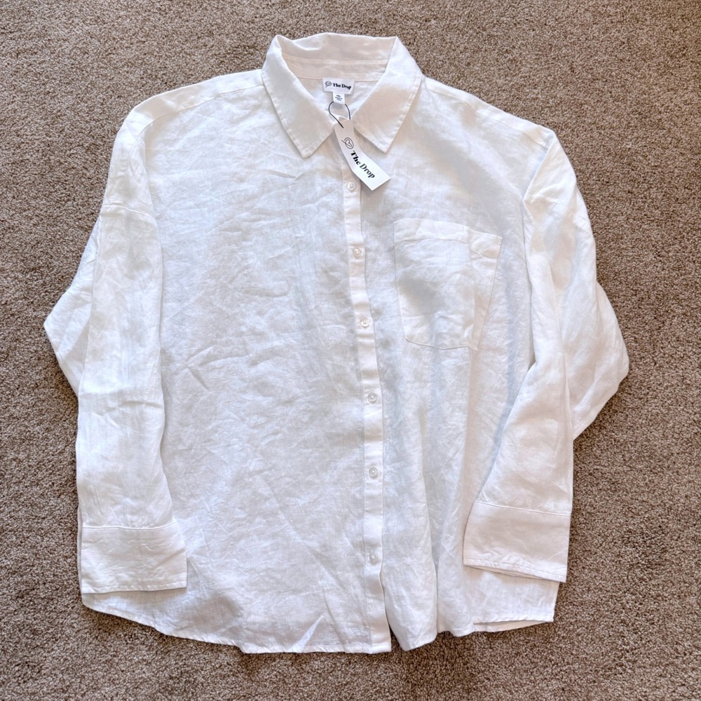 The Drop Avila Button Down Shirt Women XXL White 100% Linen Long Sleeve Relaxed